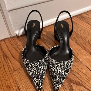 Zara Black and White Slingback Heels with Pointed Toe